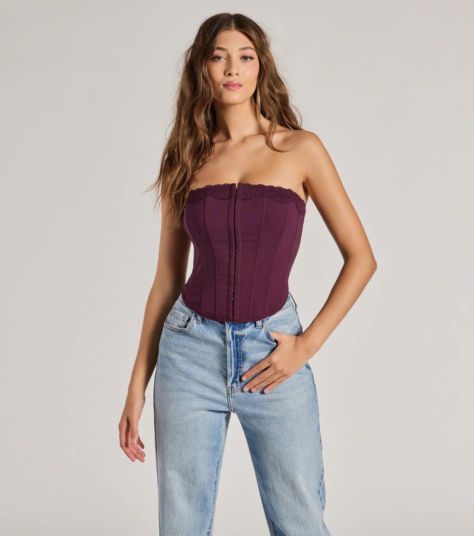 Chic And Snatched Strapless Lace Trim Corset Top Preppy Women's College