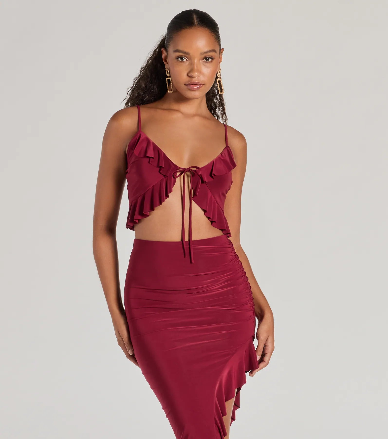 Flirty Moves Ruffled Tie-Front Knit Crop Top Tough Women's Military - inspired