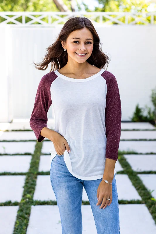 White 3/4 Tee with Maroon Sleeves Sharp Women's Italian