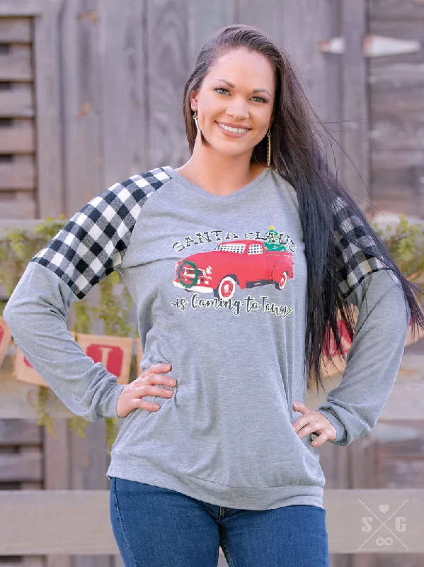 Santa Claus is Coming to Town on Heathered Grey Longsleeve with Flannel Gingham Insets British Gentlewoman Style