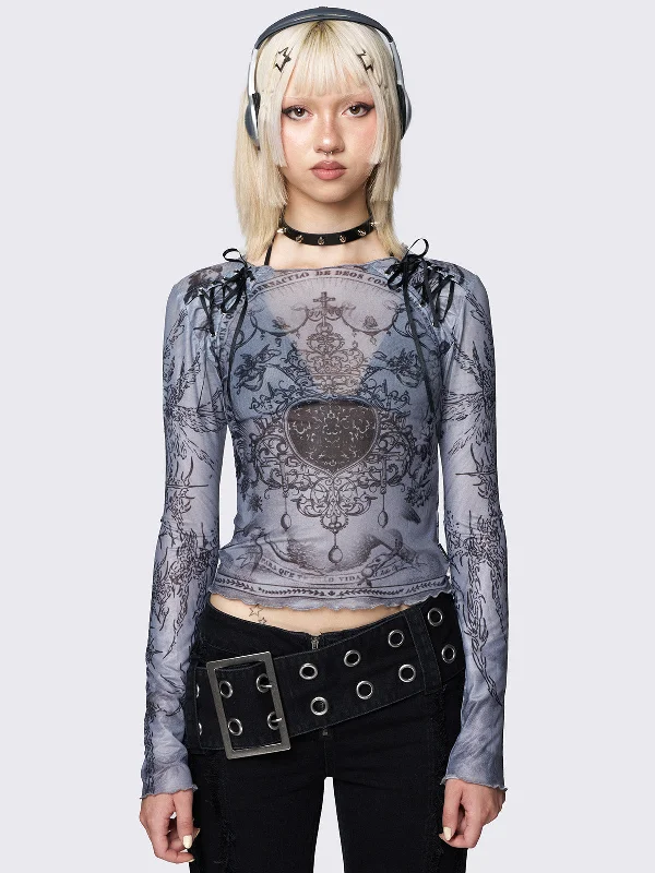 Willa Grey Lace Up Mesh Top Traditional Women's 