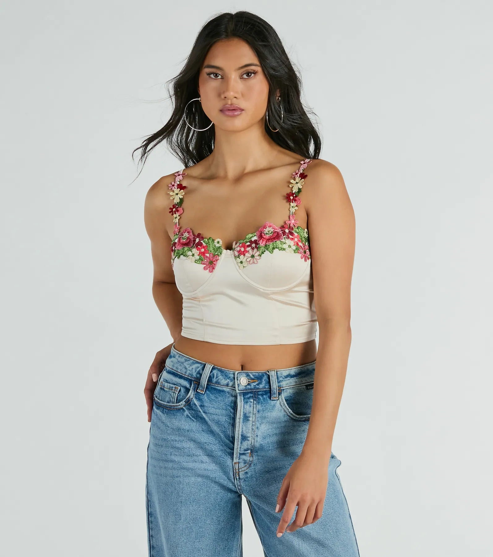 Flourish In Style Floral Applique Satin Crop Top Bohemian Women's Free
