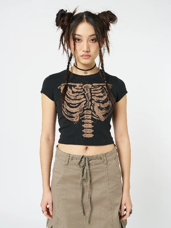 Skeleton Black Graphic Print Baby Tee Bold Women's Animal Print