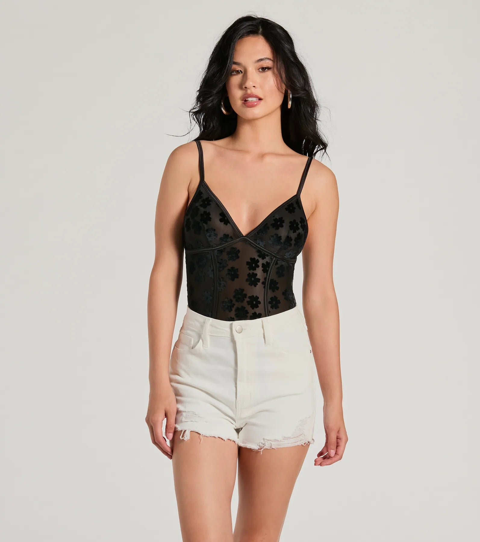 Attention Getter V-Neck Sheer Mesh Bodysuit Feminine Women's Style 