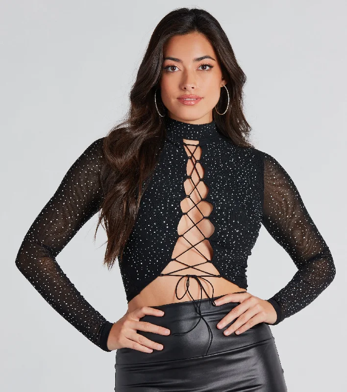 Vamped Up Rhinestone Lace-Up Crop Top Feminine Women's Style 