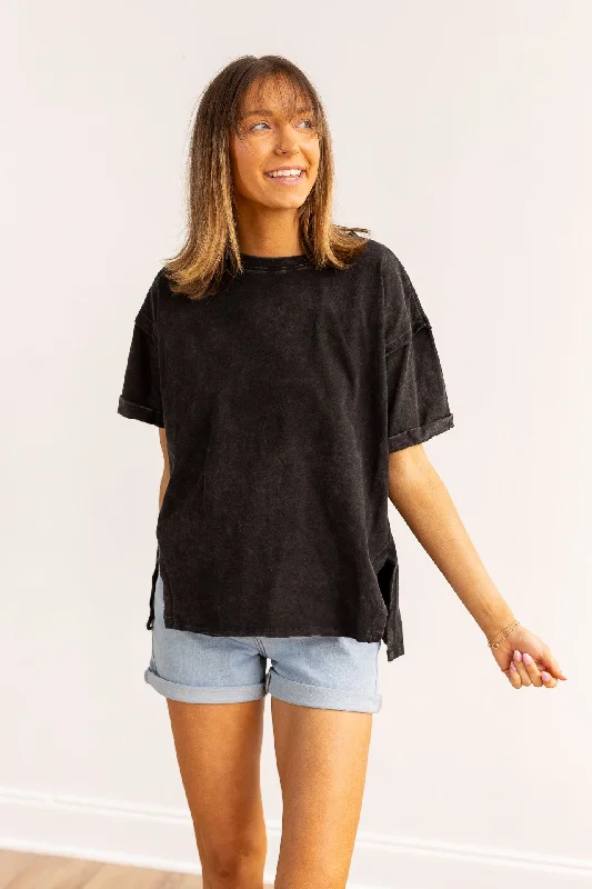 Black side slit crop with raw stitching. Vintage Women's 1970S 