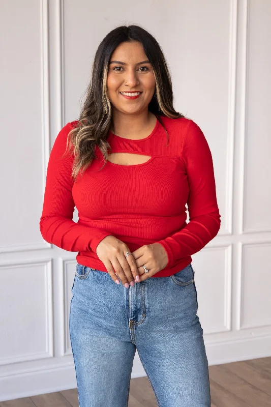 Red Cutout Long-Sleeved Top Disco