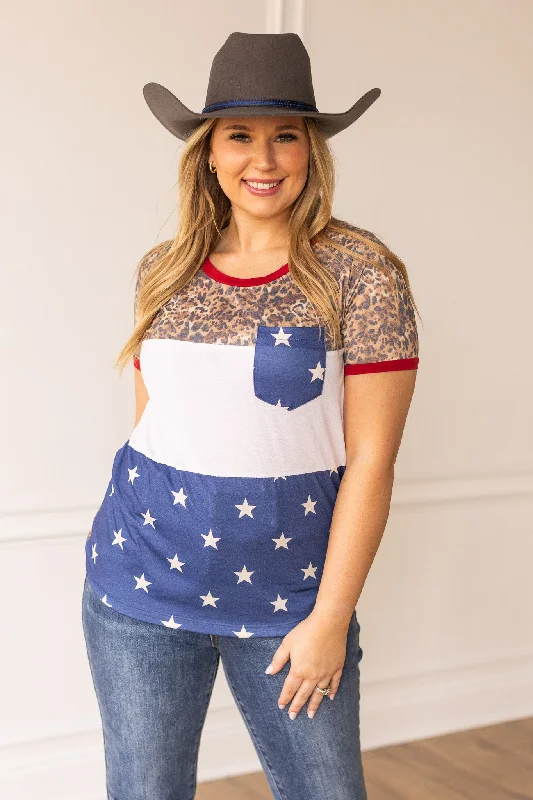 Party Like Its 1776 Pocket Tee, Vintage Leopard and Stars Dapper Women's Bow - adorned
