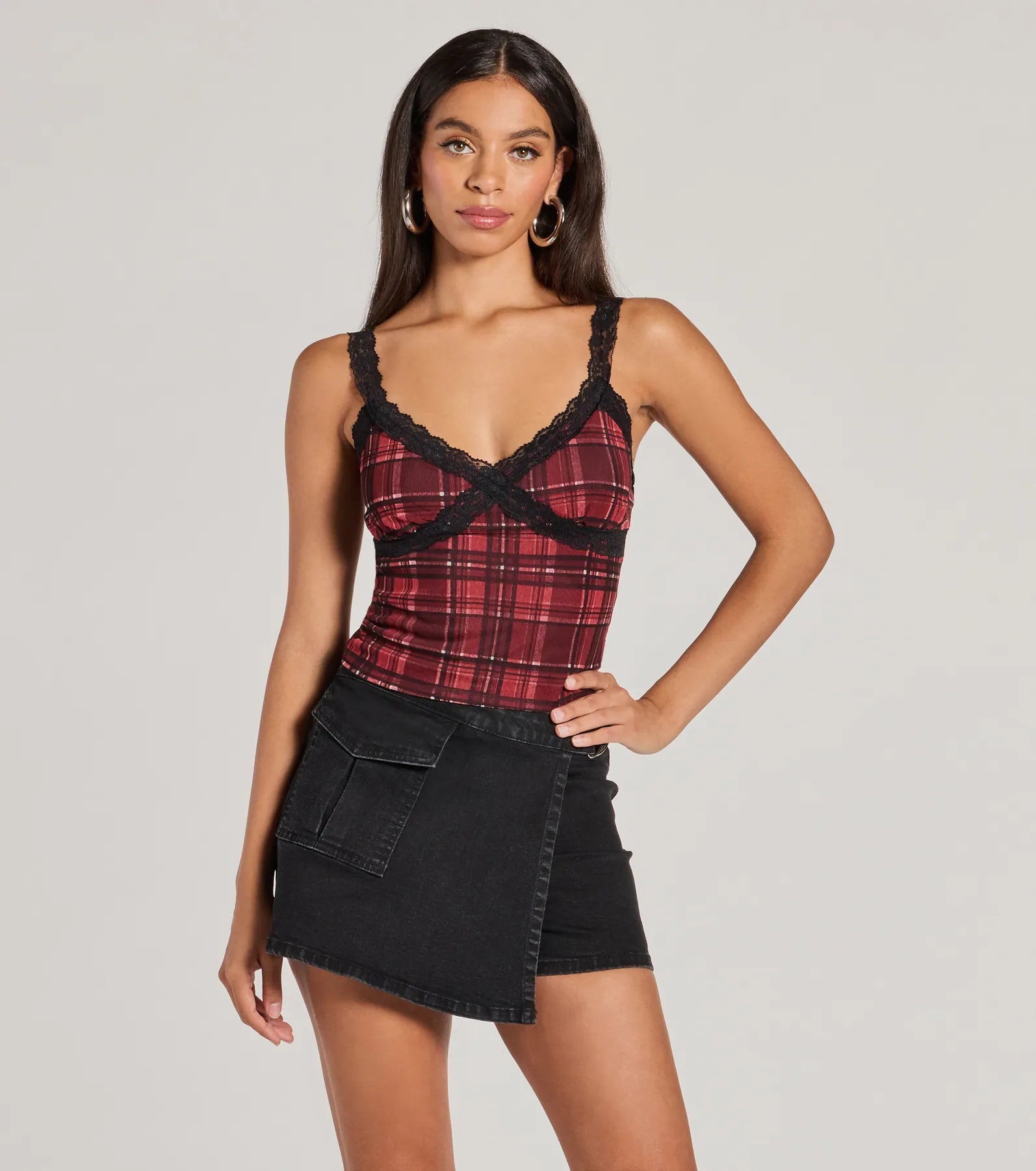 Check Me Out Lace Trim Plaid Crop Top Modern Women's 