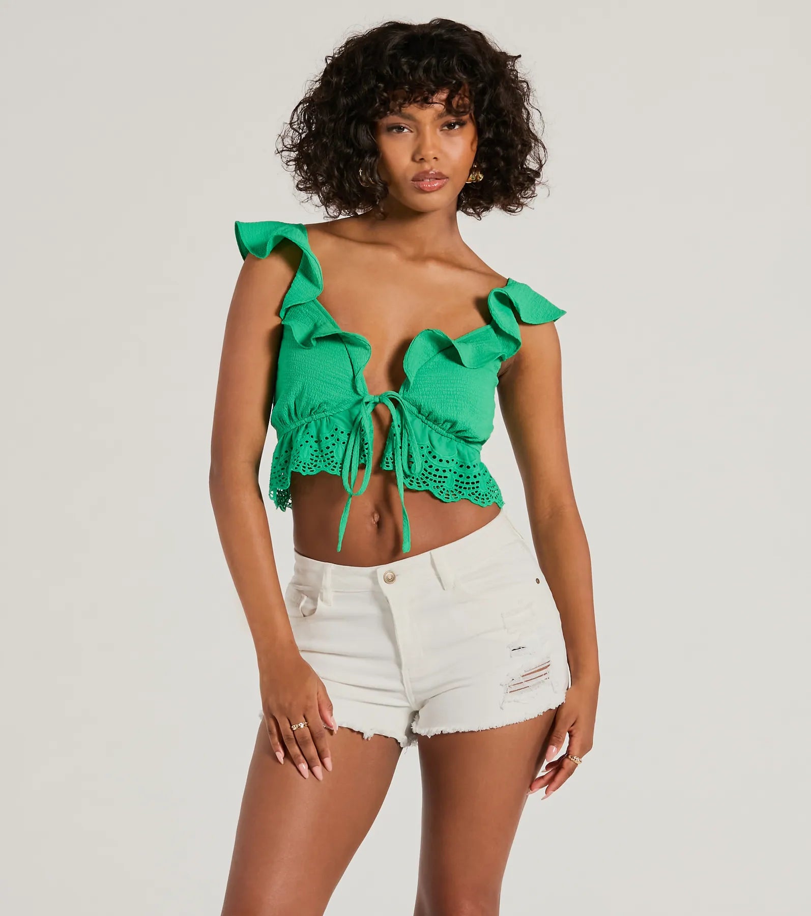 Flirty Flutter Sleeve Tie-Front Eyelet Crop Top Confident Women's High - fashion