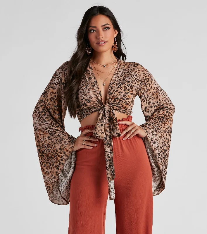 Wild Shine Leopard Crop Wrap Top Polished Women's Silk