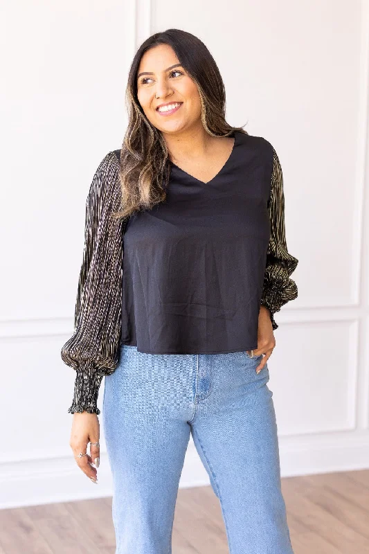 Glamour Gaze Black Top with Shimmer Sleeves Refined Women's Classic 
