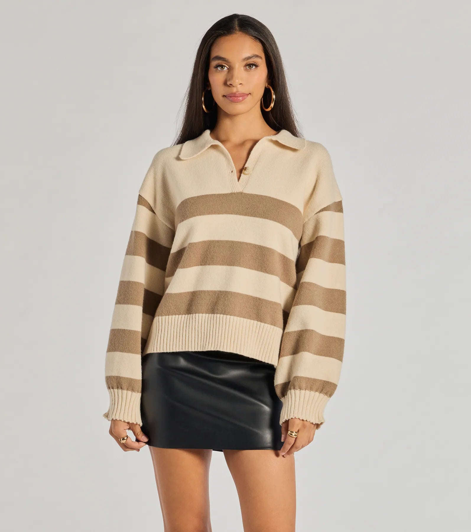 Stripe Sensation Collared Pullover Sweater Cozy Women's Winter