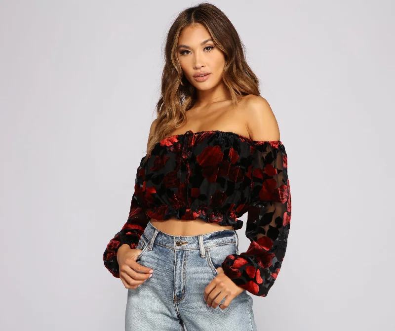 Floral Burnout Off The Shoulder Crop Top Artistic Women's Avant - 