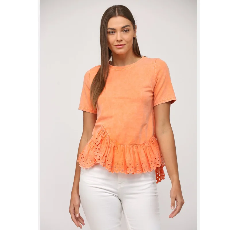 Lace Trimmed Ruffle Hem Washed Top Elegant Women's Formal 