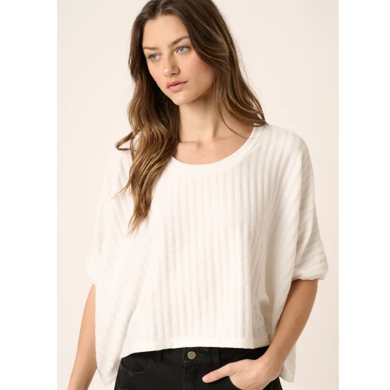 Textured Knit Round Neck Dolman Sleeve Top Classic Women's Pin - striped
