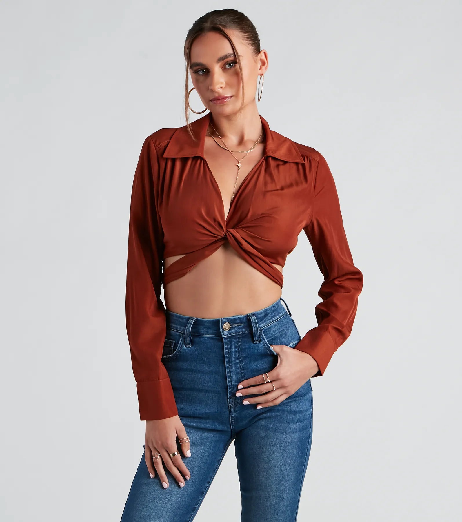 Portrait Mode Tie-Front Poplin Top Monochromatic Office Style