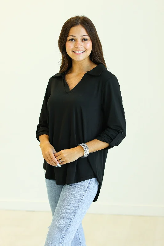 Gemma V-Neck Top, Black Casual Women's Loose - fitting
