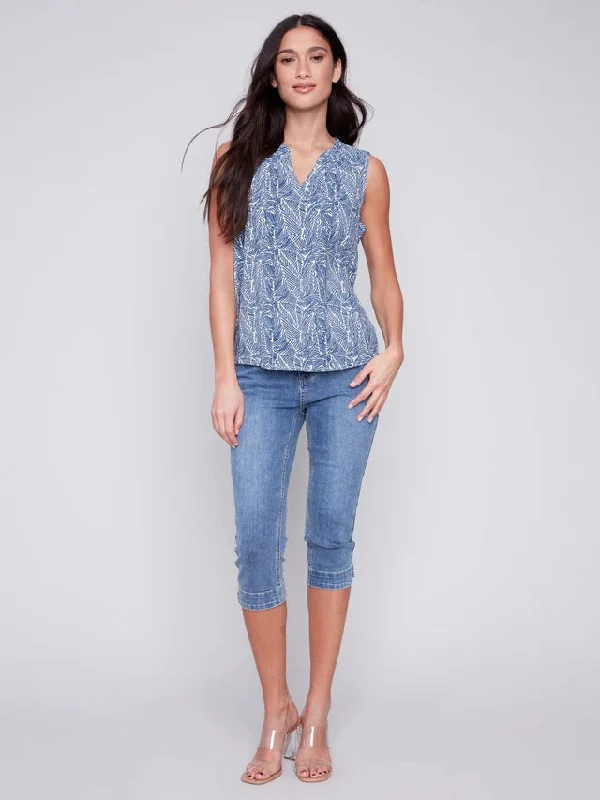 C.B 4529P Sleeveless Printed Ruffle Neck Blouse Hip Women's Urban