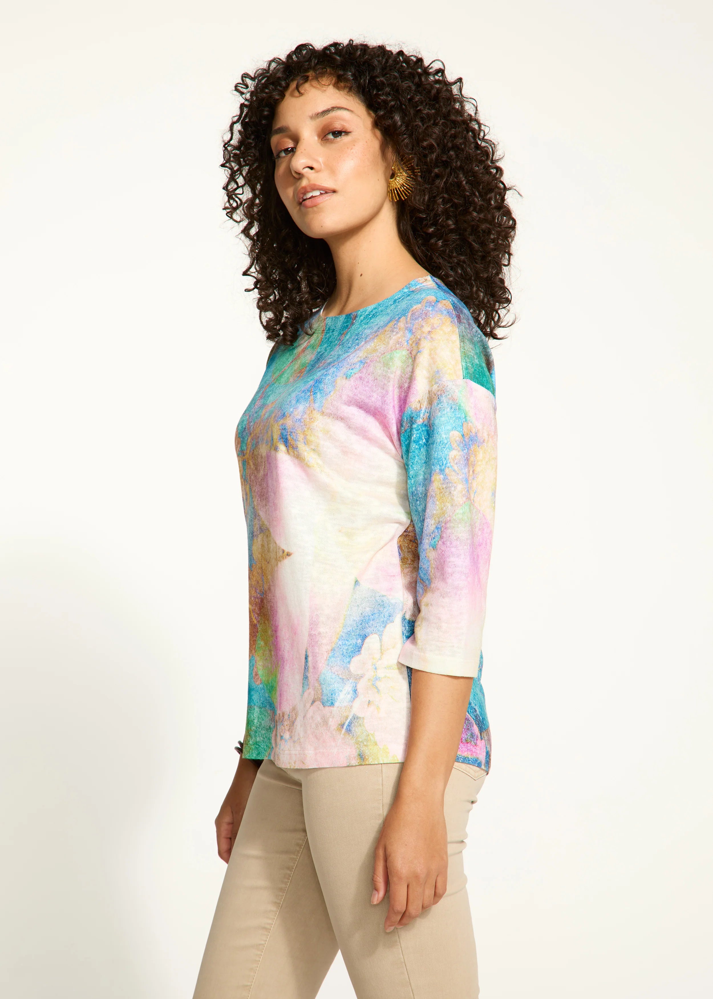 FDJ 3439451 3/4 Sleeve Drop Shoulder Boat-Neck Top Feminine Women's Soft 