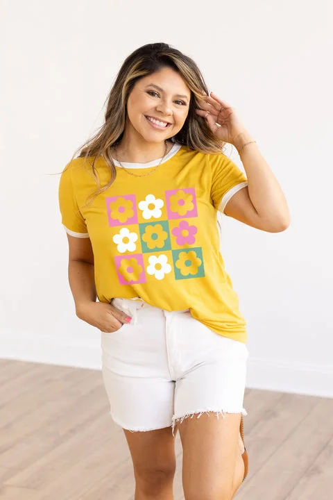 Checkered Flowers Ringer Tee, Mustard Sleek Women's 