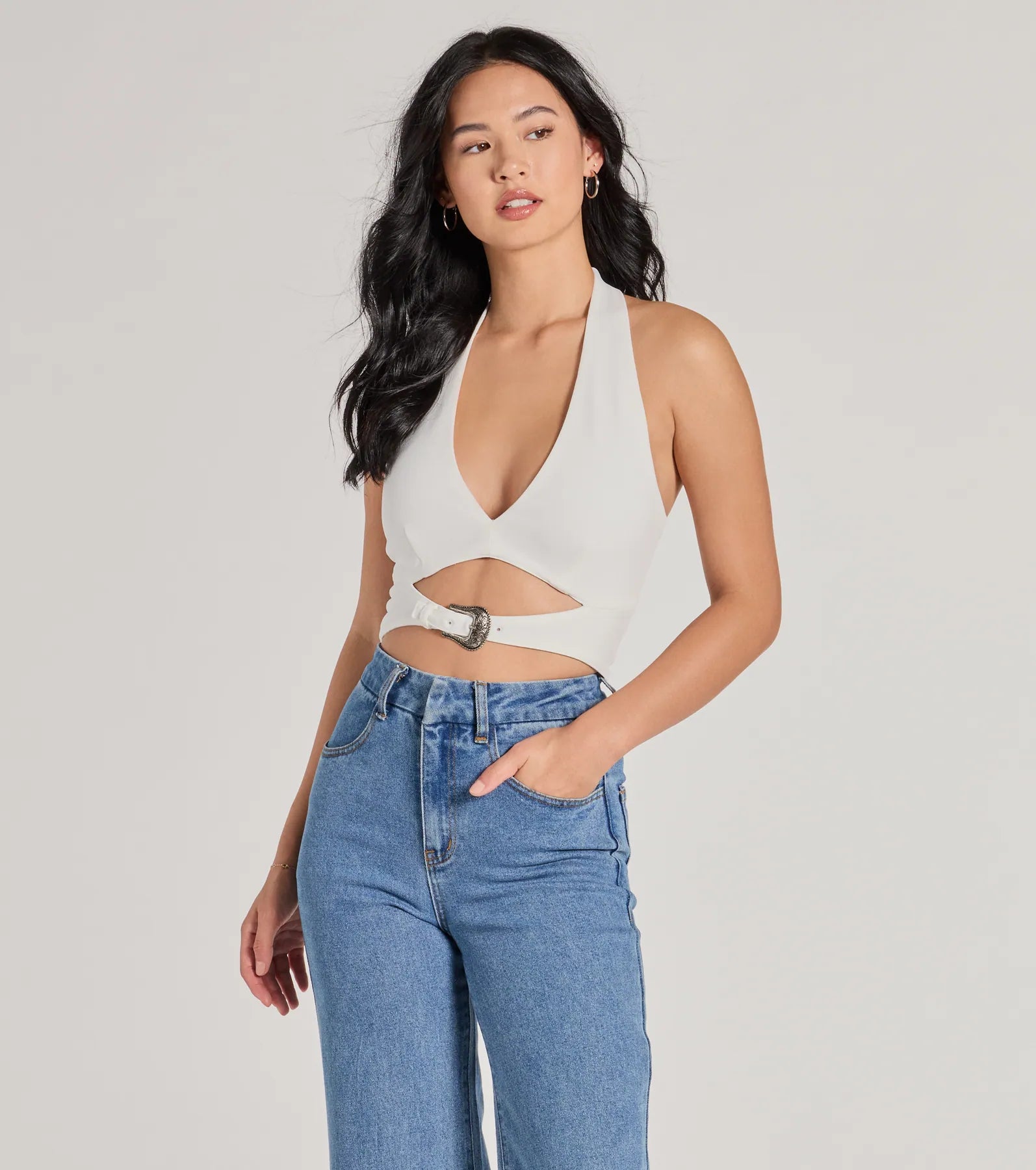 Edgy Vibe Buckle Detail Halter Crop Top Elegant Women's Formal 
