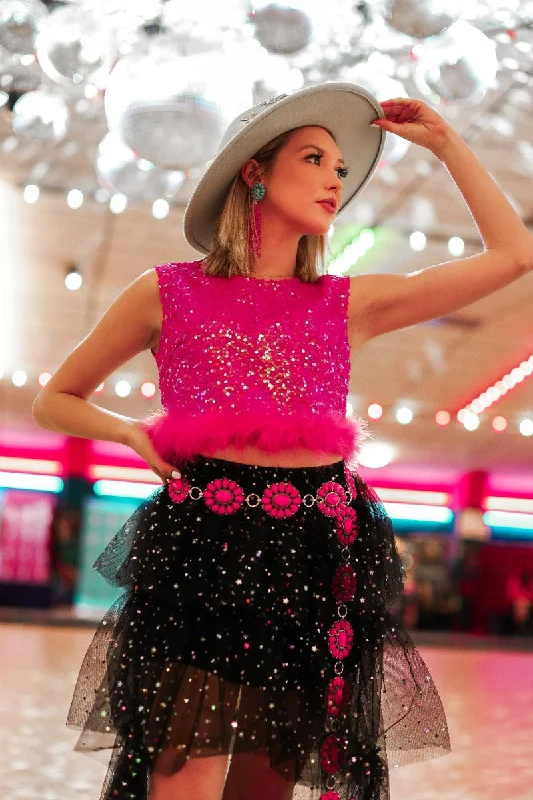 Feather or Not Sequin Crop with Feather Trim, Hot Pink Country