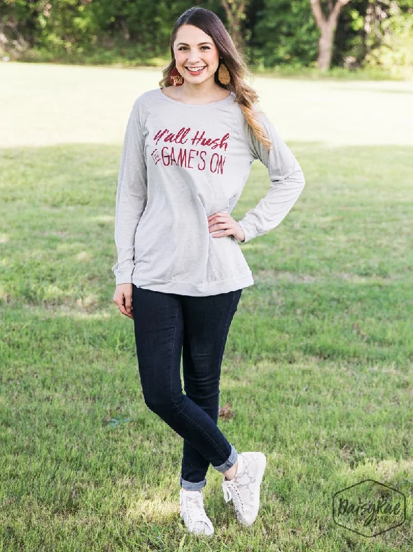 Y'all Hush The Game's On Light Grey Longsleeve Tee, Maroon Ink Elegant Women's Formal 