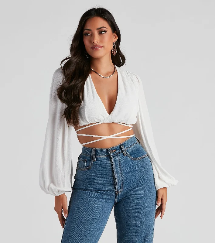Heat Wave Gauze Wrap Tie Crop Top Sophisticated Women's Tailored