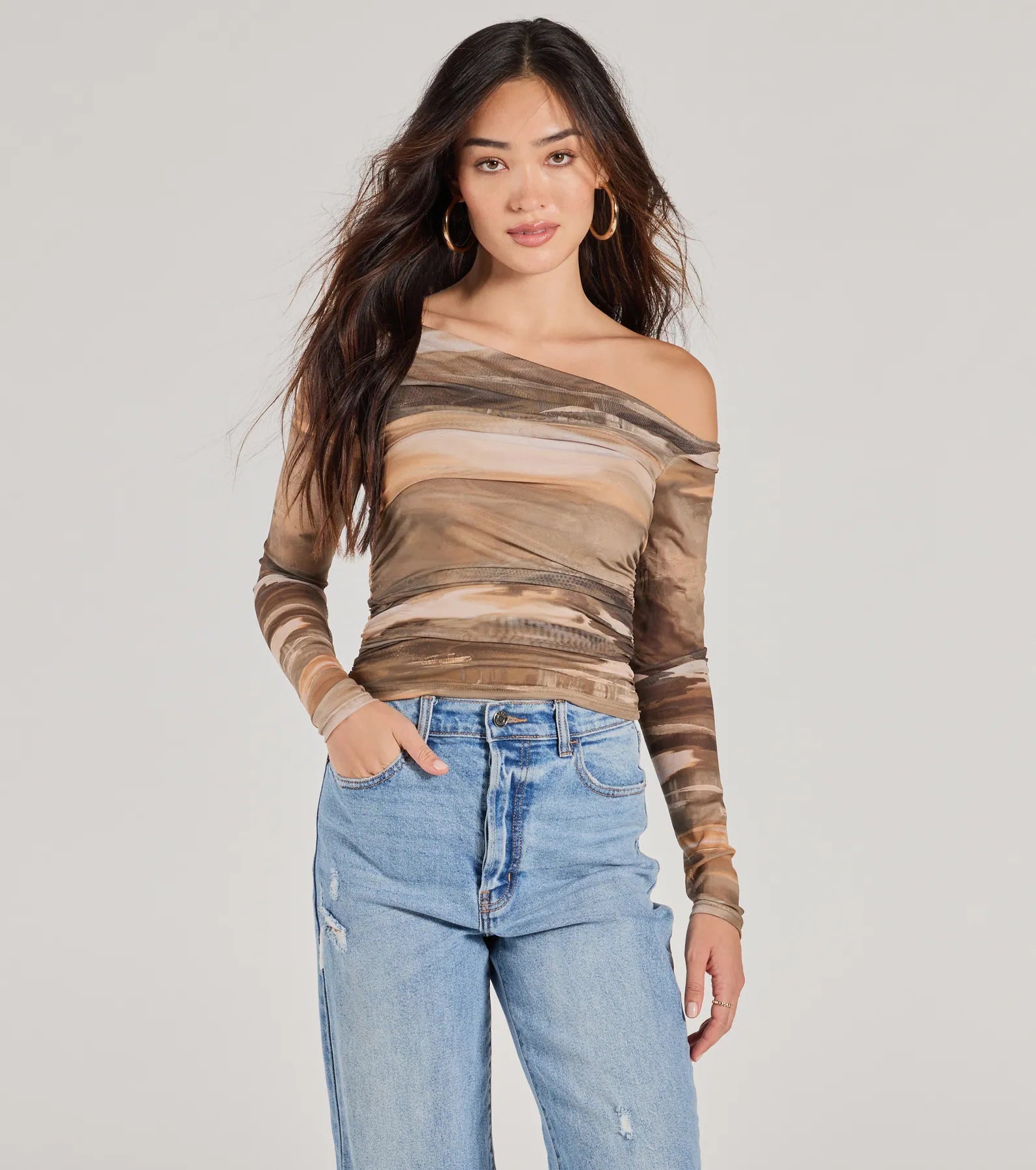 Trendy Abstract Mesh Off-Shoulder Top Tough Women's Military - inspired