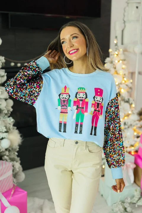 Nutcrackers on Blue Sweatshirt with Sequin Sleeves Stylish Women's Tropical 