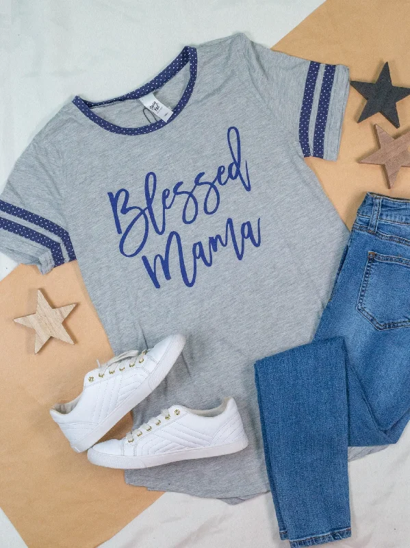 Blessed Mama on Light Grey Tee with Navy Polka Dot Trim British Gentlewoman Style