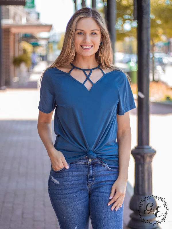 Vineyard Day Caged Neckline Tee, Blue Stylish Women's Neon