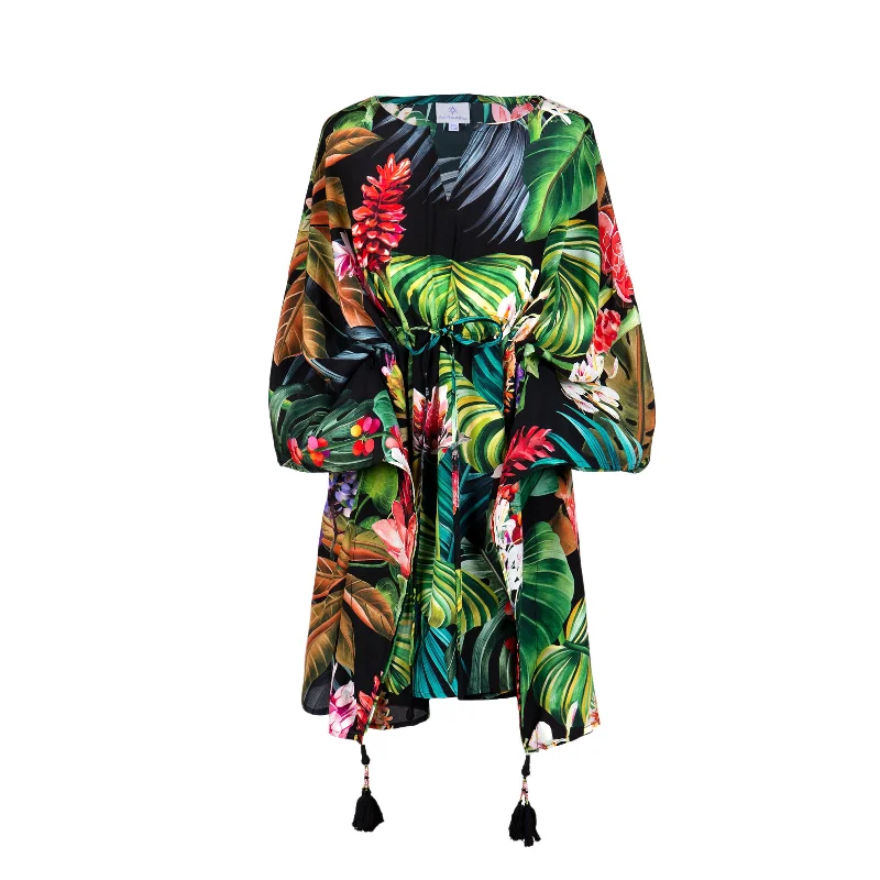 Black Botanica Italian Silk Short Kaftan Cozy Women's Winter