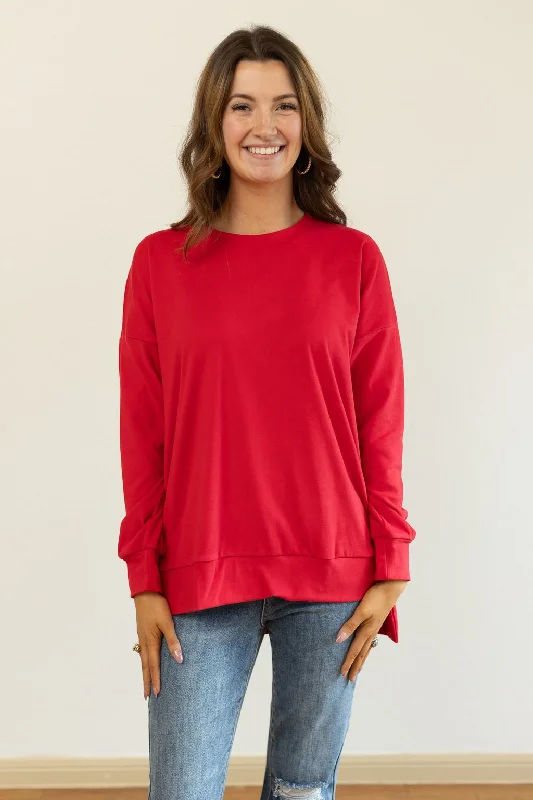 Red Micro Fleece Crewneck Monochromatic Office Style