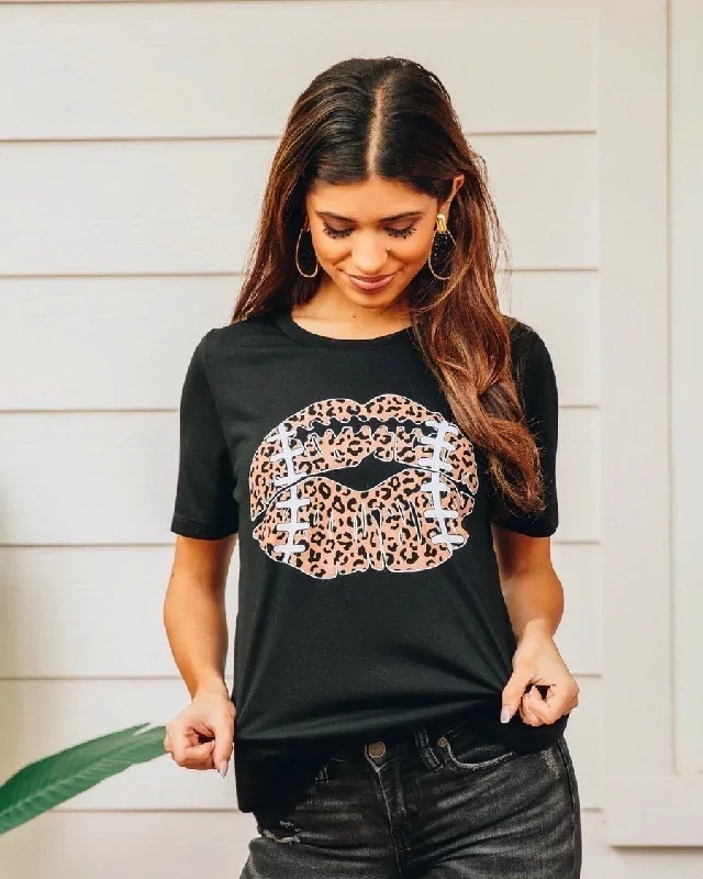 Football Leopard Lips on Black Crewneck Tee Women
