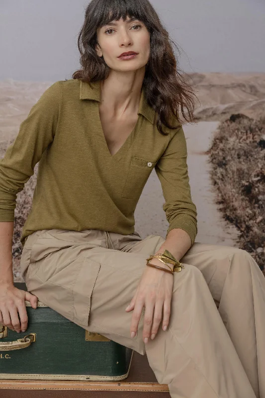 Long Sleeve Collared V-Neck Earthy Women's 