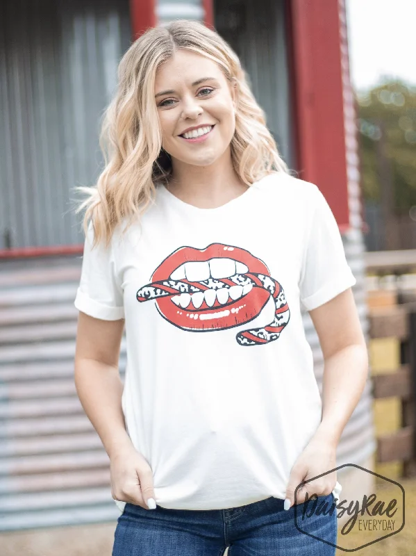 Candy Cane Lips on Vanilla Bean-White Cuff Tee Laid - back Women's Style
