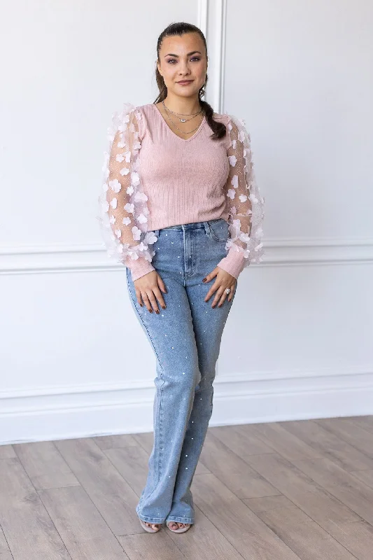 Love Blooms Pink Mesh Sleeve Top Bold Women's Statement