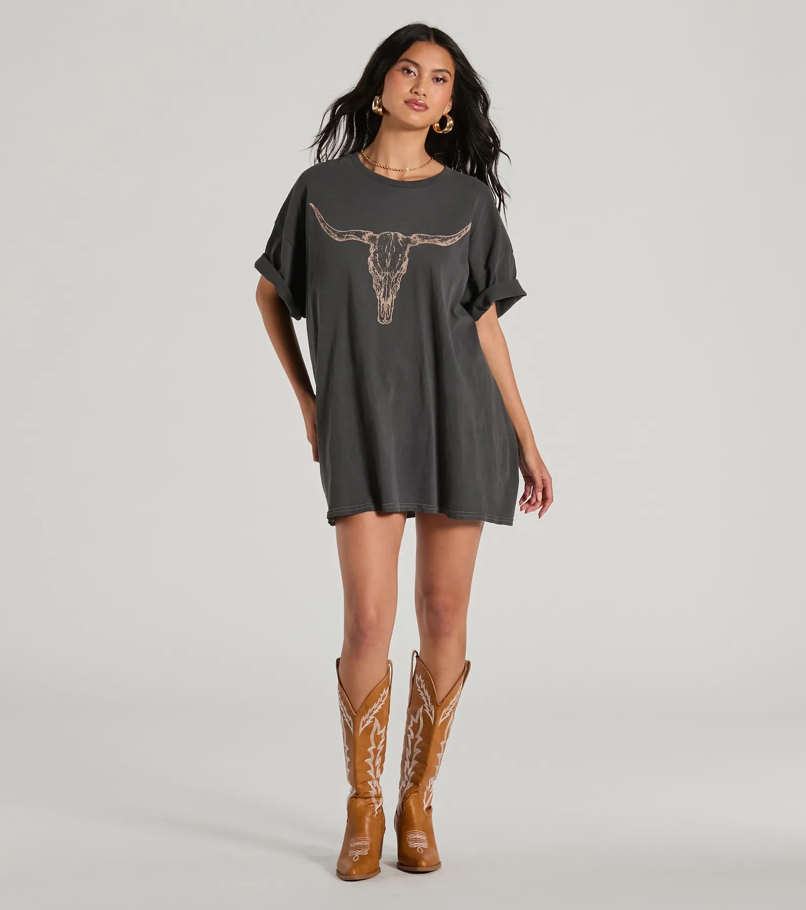 Giddy Up Cowgirl Longhorn Oversized Graphic Tee Modern Women's 