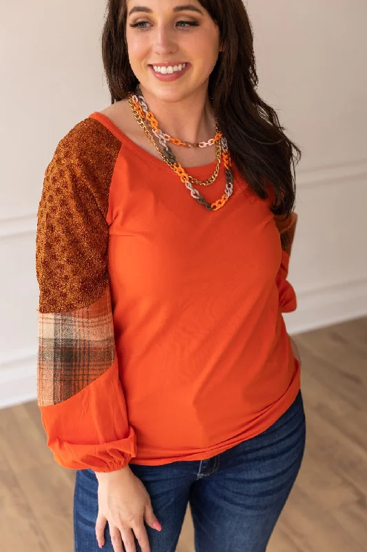 So Confident Orange Plaid & Glitter Sleeve Top Elegant Women's 