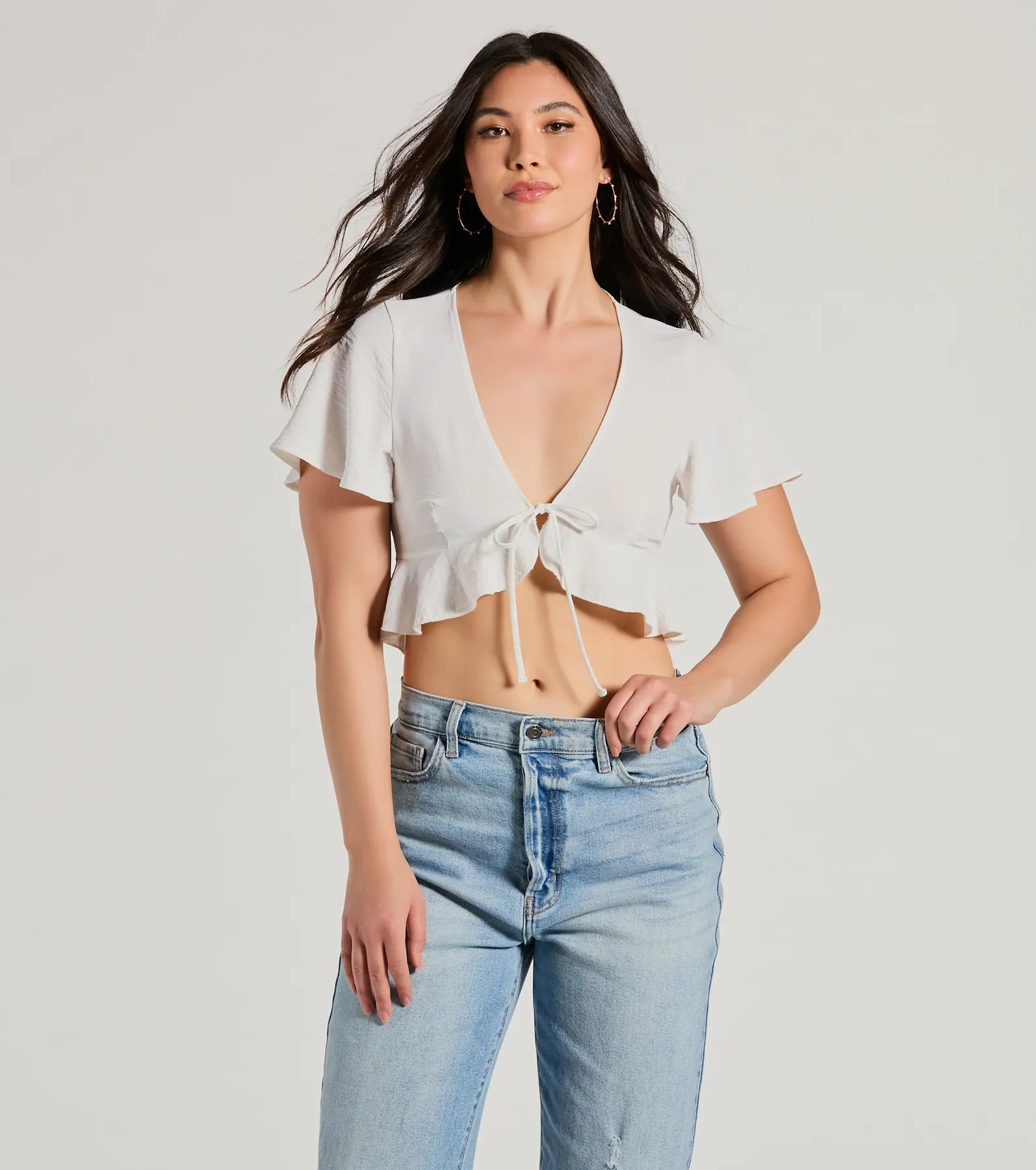 Sweeten Me Up Flutter Sleeve Tie Front Crop Top Sustainable Organic