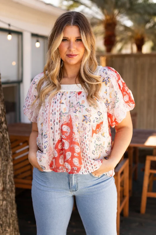 Rosemary Square Neck Boho Top, Orange Youthful Women's Anime - inspired