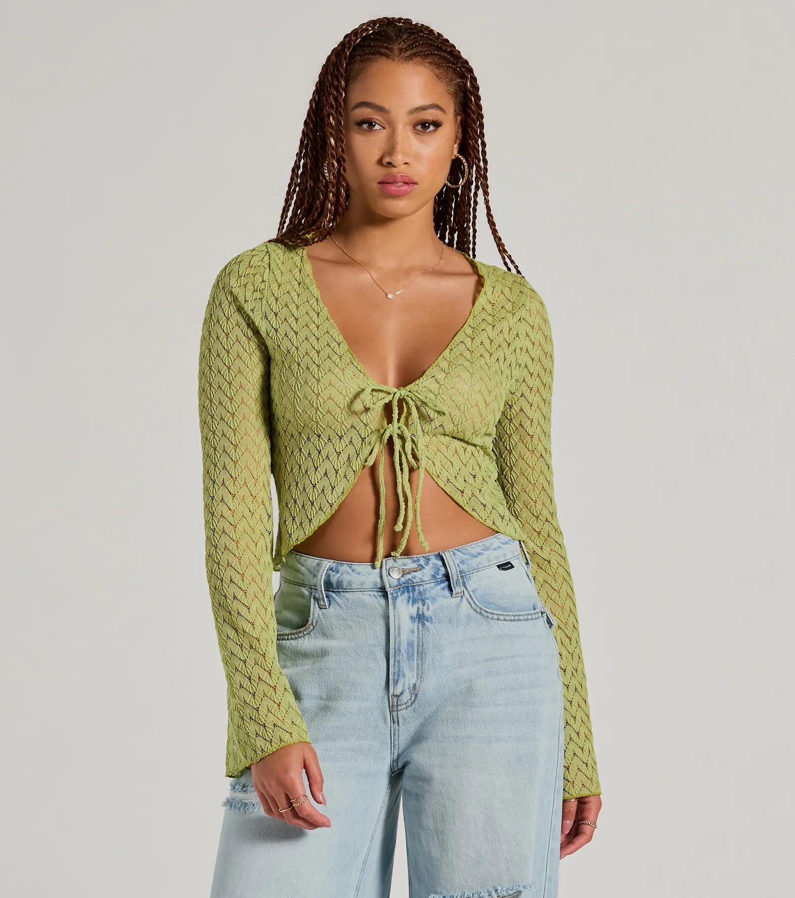 Cabana Honey Tie Front Crochet Crop Sweater Confident Women's Power