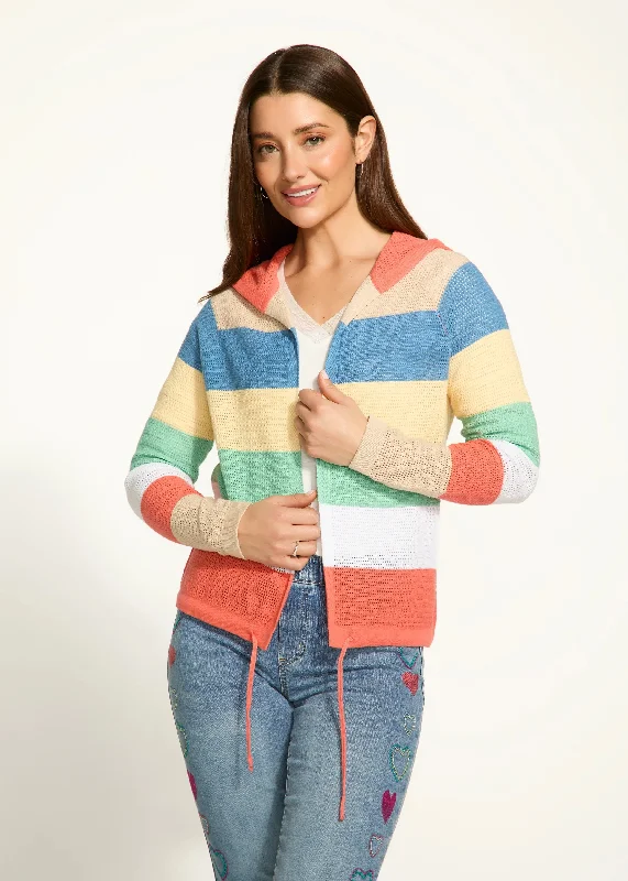 FDJ 1631314 Striped Pointelle Hooded Cardigan Youthful Women's Pop