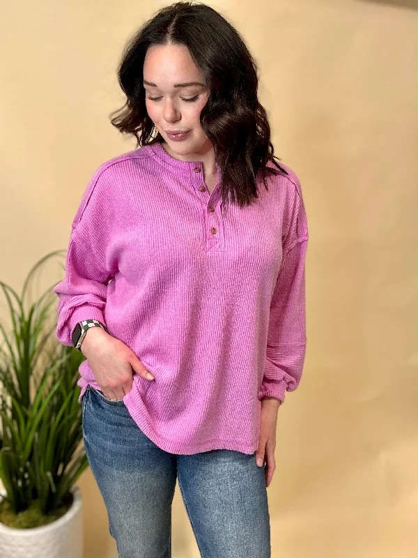 Ribbed Henley Top Sleek Women's Metallic
