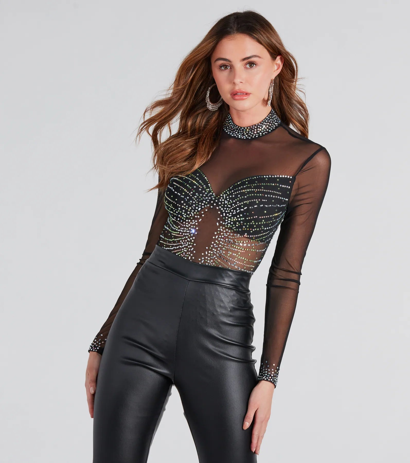 Rising Star Rhinestone Mock Neck Mesh Bodysuit Sustainable Organic