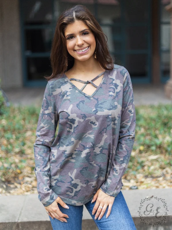 Let's Take a Road Trip Caged Long Sleeve with V neck, Camouflage Compression