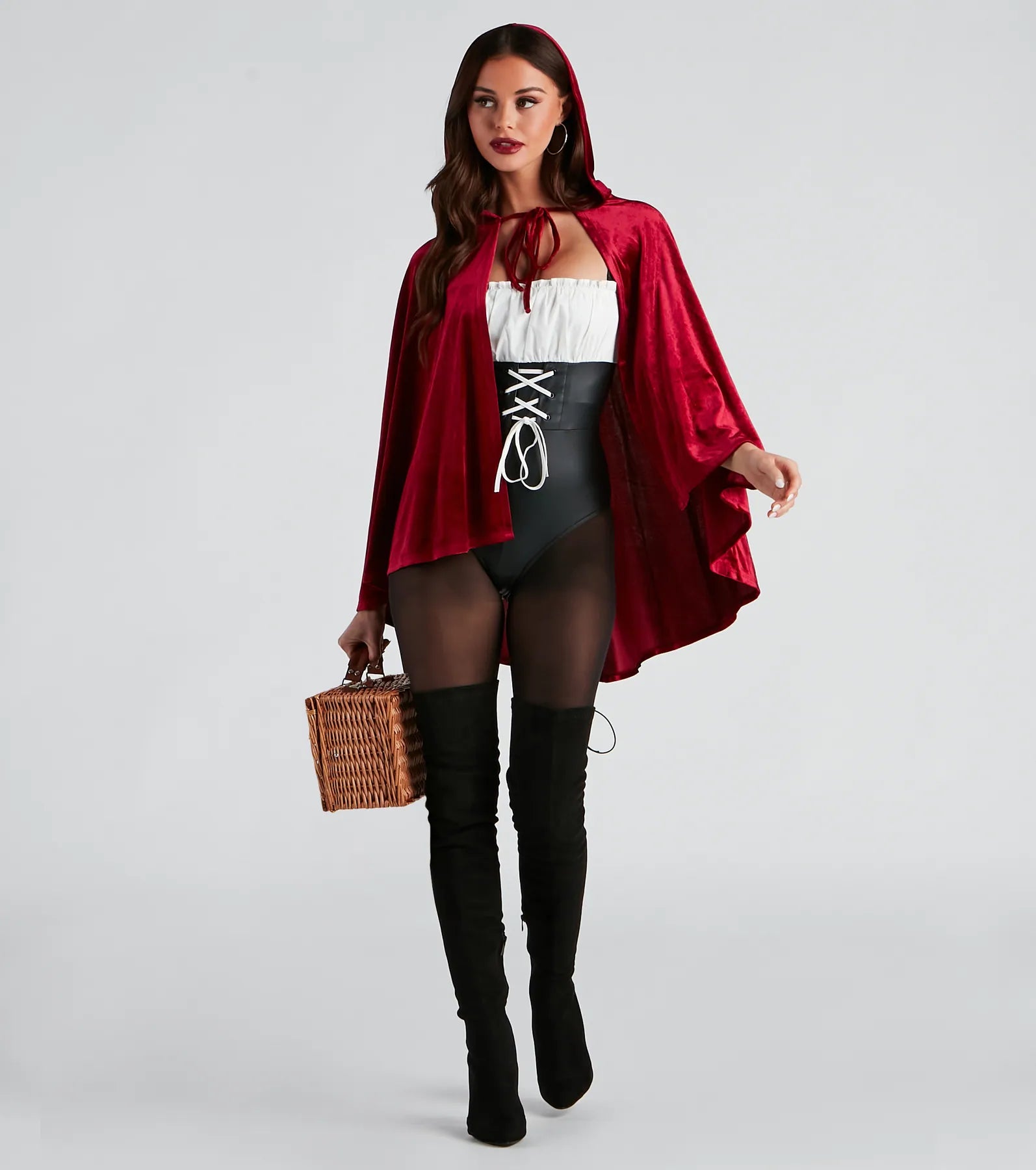 Lil Red Lace-Up Corset Bodysuit Cozy Women's Sherpa - lined