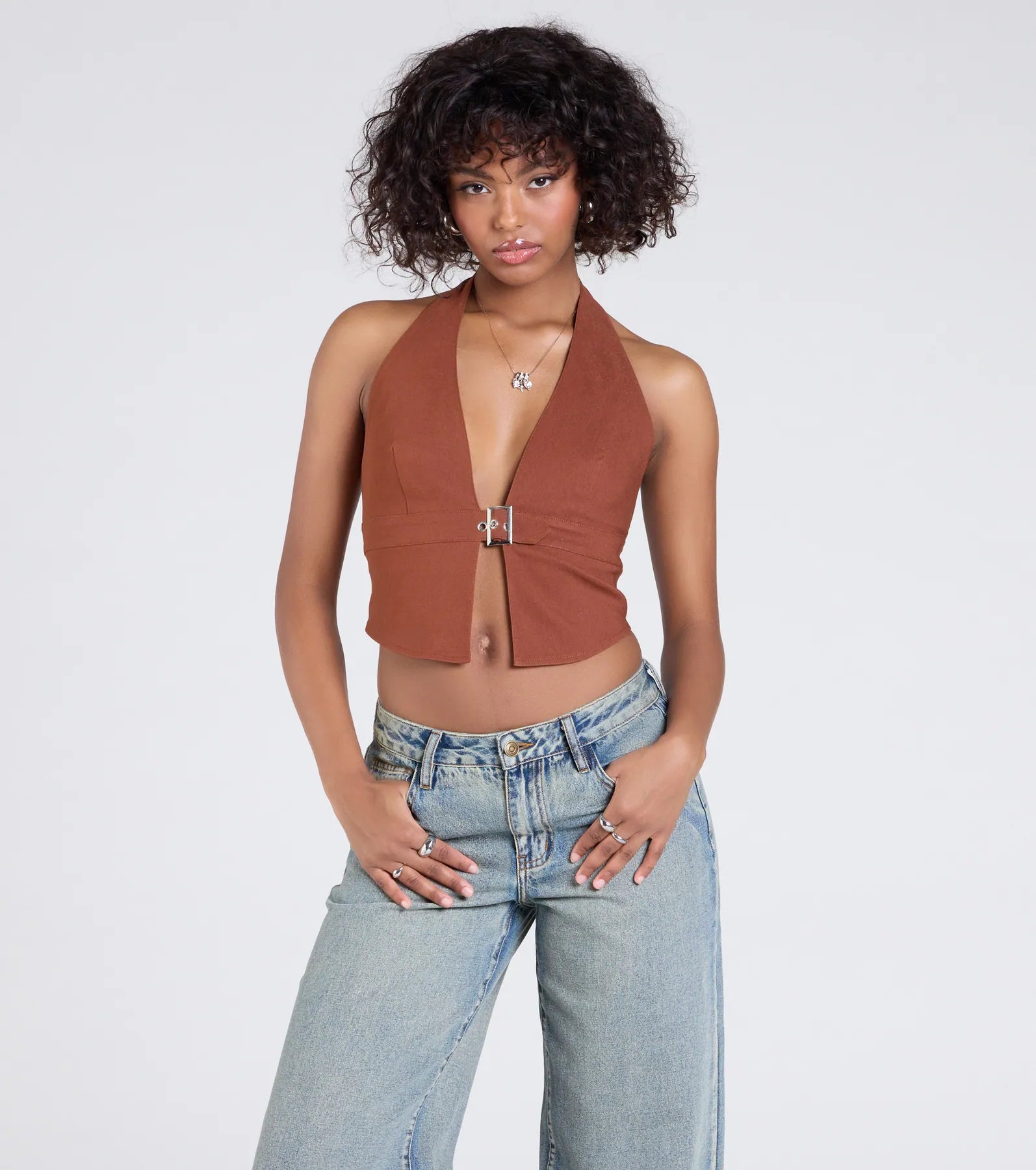 Sultry Trend Buckle Strap Halter Crop Top Youthful Women's Pop